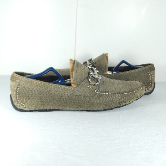 SALVATORE FERRAGAMO Men's US 10EE Genuine Python leather Olive Driving Loafers - Picture 7 of 16